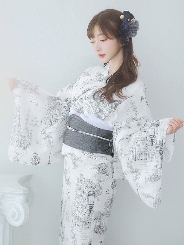 画像9: 【即日発送】【Riuコラボ】白地×パリの街浴衣【浴衣３点セット 浴衣/帯/下駄】[yo/YMT] (9)