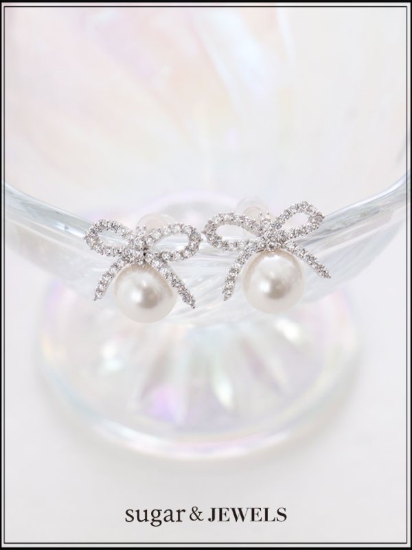 画像1: 【ピアス】ビジューリボンパールピアス【Fサイズ/1カラー】[OF02] (1)
