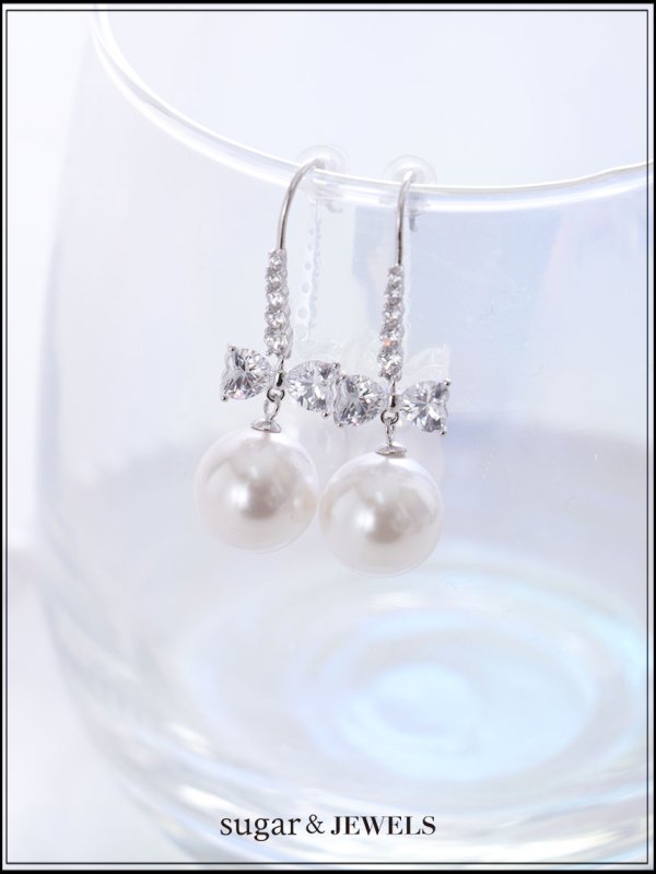 画像1: 【ピアス】ハートビジューリボンパールフックピアス【Fサイズ/1カラー】[OF02]  (1)