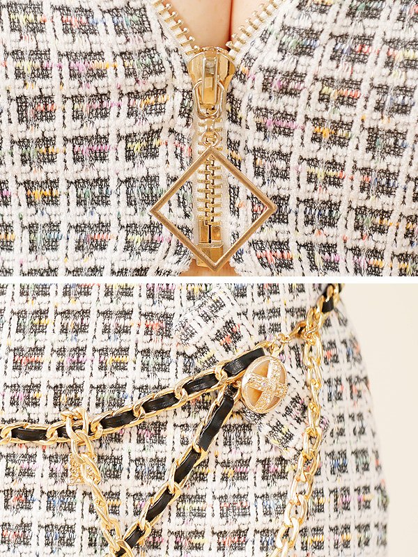 画像9: XSサイズあり【PURESS/ピュアレス】ツイード/ バストファスナー/ ウエストオープン/ ウエストカット/ チェーン/ タイト/ ミニドレス/ キャバドレス[OF5] (9)