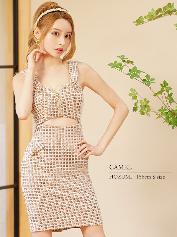 画像5: XSサイズあり【PURESS/ピュアレス】ツイード/ バストファスナー/ ウエストオープン/ ウエストカット/ チェーン/ タイト/ ミニドレス/ キャバドレス[OF5] (5)