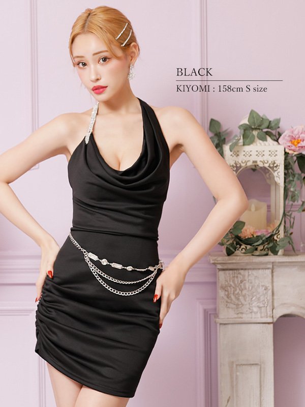 画像7: XSサイズあり【PURESS/ピュアレス】 アシンメトリー/ ドレープショルダー/ ビジュー/ ベルトチェーン/ タイト/ ミニドレス/ キャバドレス[OF5] (7)