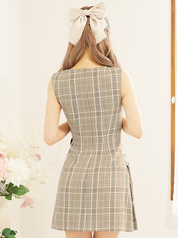 画像13: XSサイズあり【PURESS/ピュアレス】ダブルカラー/ ボタン/ リボン/ チェック/ フレア/ ミニドレス/ キャバドレス[OF5] (13)