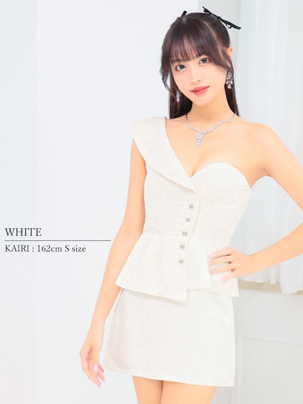 画像4: XSサイズあり【PURESS/ピュアレス】フリルワンショルダー/ ペプラムデザイン/ リボンボタン/ マイクロミニ/ ミニドレス/ キャバドレス[OF5] (4)