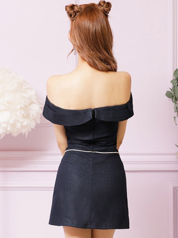 画像8: XSサイズあり【PURESS/ピュアレス】チェーンショルダー/ ボタン/ チャーム/ オフショルダー/ セパレート/ フレア/ マイクロミニ/ ミニドレス/ キャバドレス[OF5] (8)