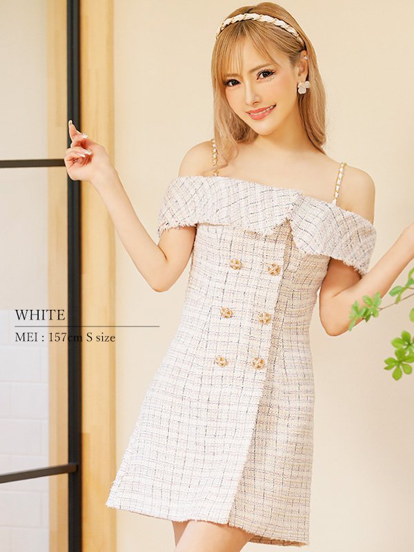 画像16: XSサイズあり【PURESS/ピュアレス】オフショルダー/ チェックツイード/ ボタン/ フレア/ ミニドレス/ キャバドレス[OF5] (16)