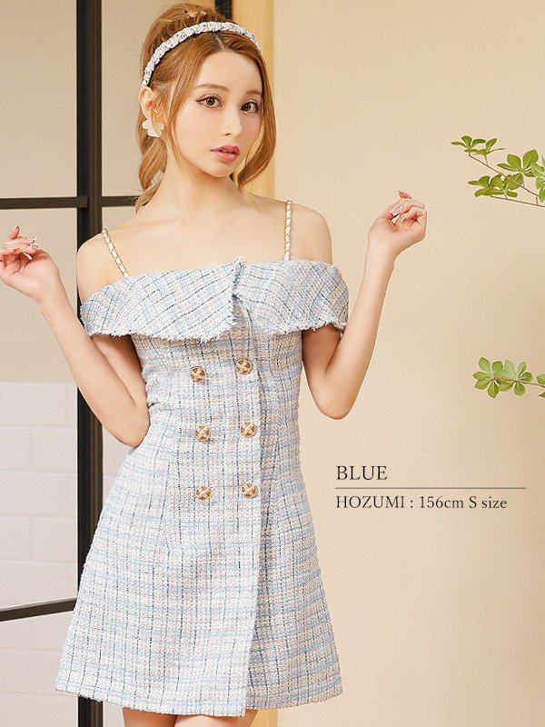 画像18: XSサイズあり【PURESS/ピュアレス】オフショルダー/ チェックツイード/ ボタン/ フレア/ ミニドレス/ キャバドレス[OF5] (18)