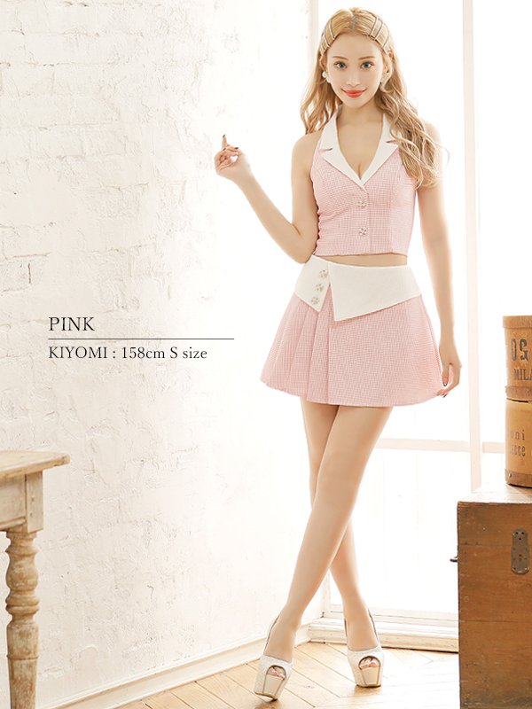 画像3: XSサイズあり【PURESS/ピュアレス】カラー/ チェック/ ボタン/ セパレート/ フレア/ ミニドレス/ キャバドレス[OF5] (3)