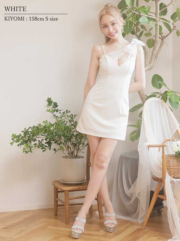 画像15: XSサイズあり【PURESS/ピュアレス】アシンメトリー / ショルダーリボン / パールチェーン / ビジュー / フレア / マイクロミニ/ ミニドレス/ キャバドレス[OF5] (15)