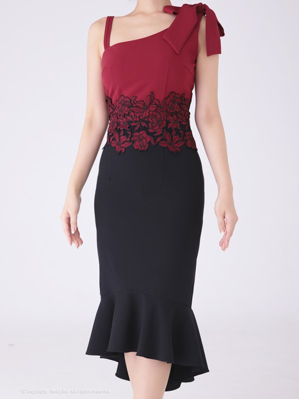 画像13: 【ANDY/アンディ】マーメイド/ショルダーリボン/ バイカラー/ ノースリーブ/ 裾フリル/ テールカット/ ミディアム丈/ キャバドレス[FB03] (13)