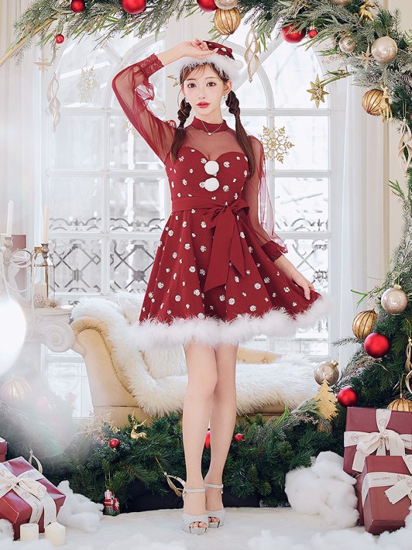 画像9: 【サンタSALE!!】【即日発送！】【サンタコス 4点セット】【XS-XLサイズ/1カラー】チュールロングスリーブハイネックサンタ[OF04] (9)