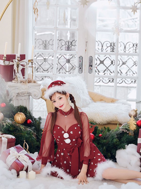 画像22: 【ノベルティ対象】【即日発送！】【サンタコス 4点セット】【XS-XLサイズ/1カラー】チュールロングスリーブハイネックサンタ[YMT] (22)