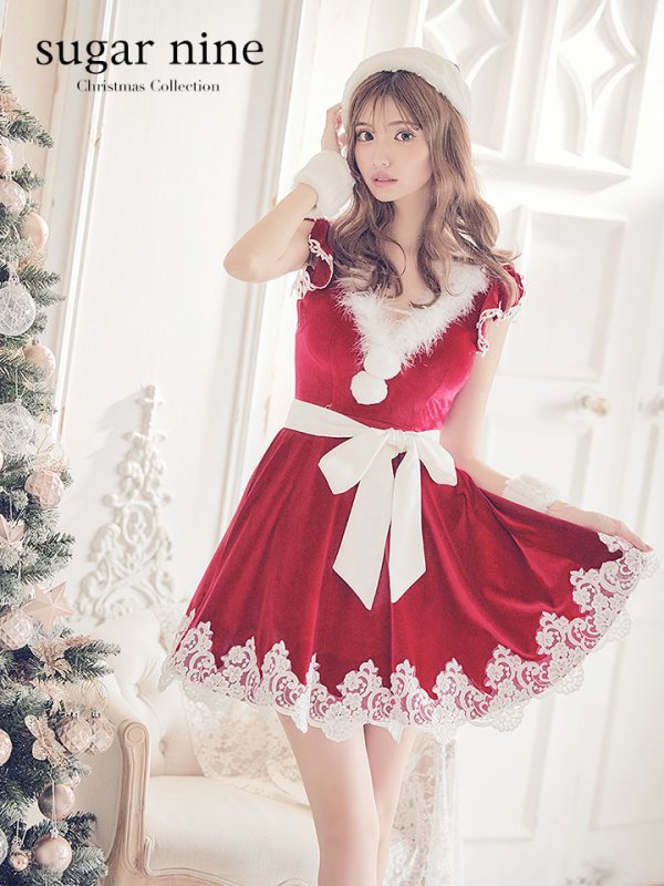 画像2: 【sugar nine サンタコス 5点セット】【S-XLサイズ/2カラー】フレアスリーブ刺繍レースフレアサンタ[OF04] (2)