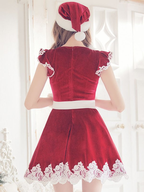 画像6: 【sugar nine サンタコス 5点セット】【S-XLサイズ/2カラー】フレアスリーブ刺繍レースフレアサンタ[OF04] (6)