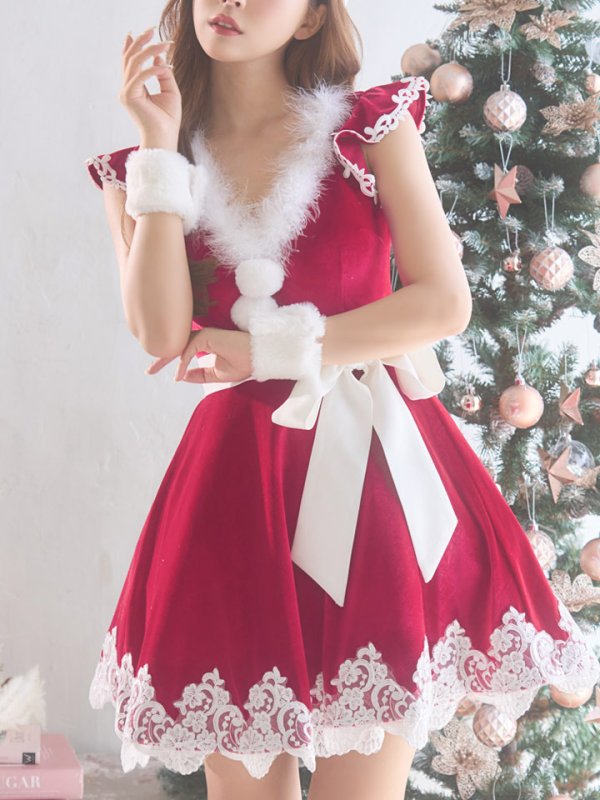 画像4: 【sugar nine サンタコス 5点セット】【S-XLサイズ/2カラー】フレアスリーブ刺繍レースフレアサンタ[HC03] (4)