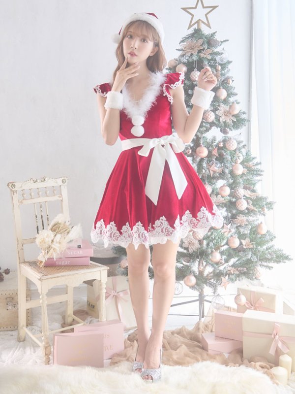 画像12: 【sugar nine サンタコス 5点セット】【S-XLサイズ/2カラー】フレアスリーブ刺繍レースフレアサンタ[OF04] (12)