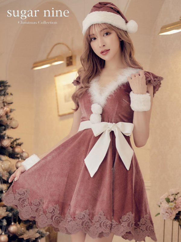 画像2: 色変え対応中【sugar nine サンタコス 5点セット】【S-XLサイズ/2カラー】フレアスリーブ刺繍レースフレアサンタ[OF04] (2)