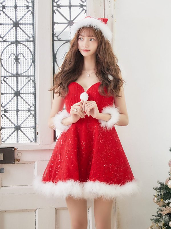 画像9: SALE!ファーショルダー/ スパンコールチュール/ 刺繍レースフレアサンタ【sugar nine サンタコス 4点セット】【S-XLサイズ/2カラー】[OF04] (9)