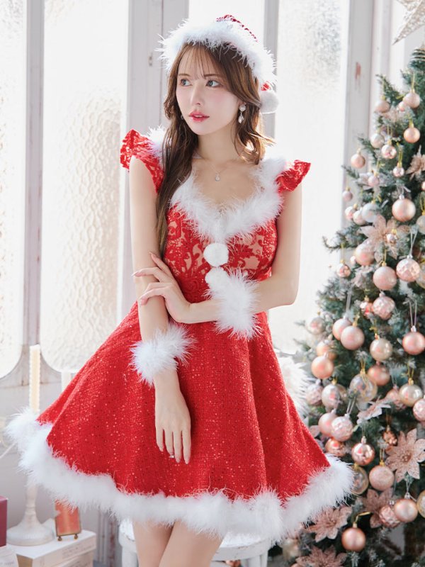 画像2: 【サンタSALE!!】【サンタコス 4点セット】【S-XLサイズ/1カラー】ショートフリルスリーブ/ ツイードフレアサンタ[HC03] (2)