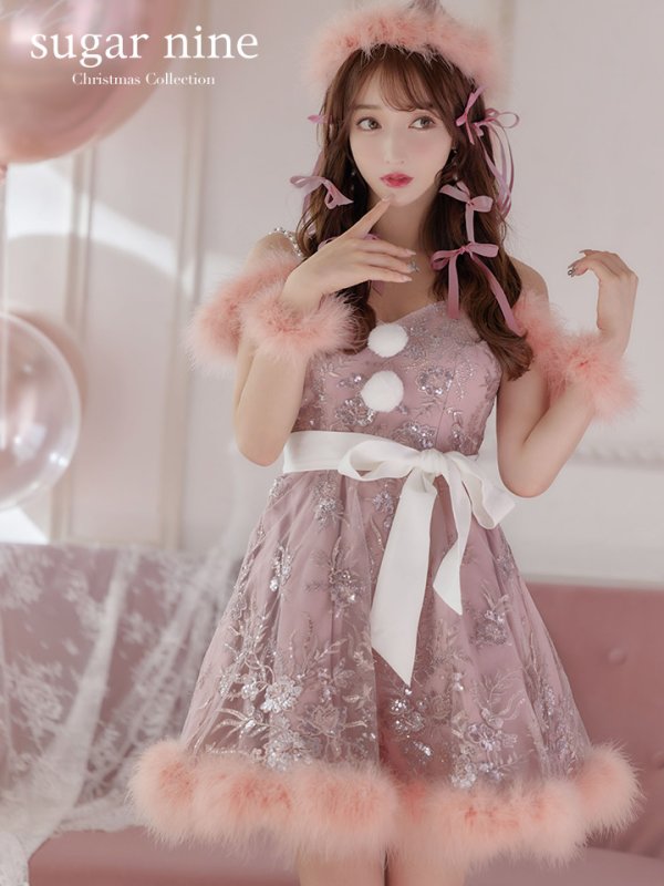 画像2: SALE!ファーショルダー/ スパンコール刺繍フレアサンタ【sugar nine サンタコス 5点セット】【S-XLサイズ/2カラー】[YMT] (2)
