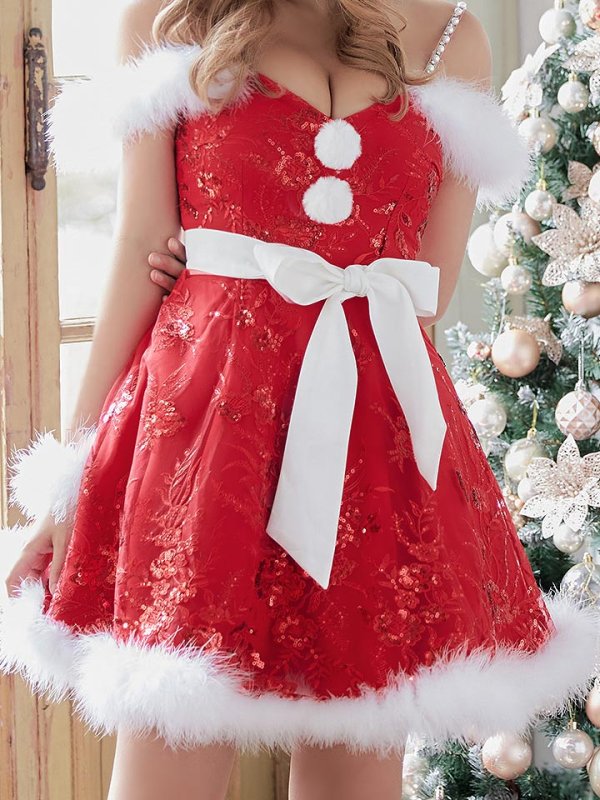 画像4: SALE!ファーショルダー/ スパンコール刺繍フレアサンタ【sugar nine サンタコス 5点セット】【S-XLサイズ/2カラー】[OF04] (4)