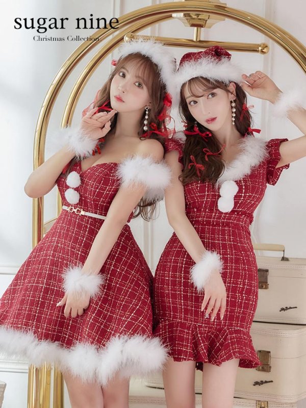 画像2: 【即日発送】ファーショルダー/ マーメイド/ ツイードチェックサンタ【S-XLサイズ】[OF01] (2)