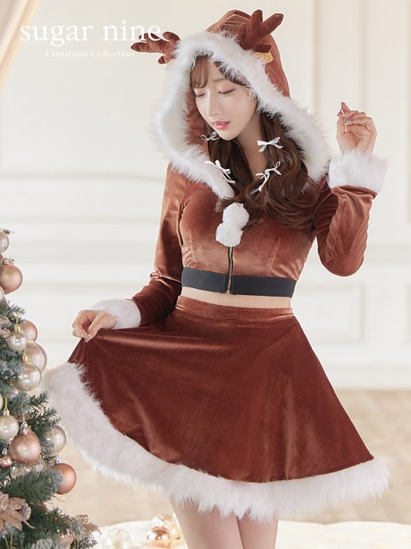 画像2: 【即日発送】フード/ トナカイ/  セットアップ/ フレアサンタ【sugar nine サンタコス 4点セット】【S-Lサイズ/1カラー】[OF04] (2)