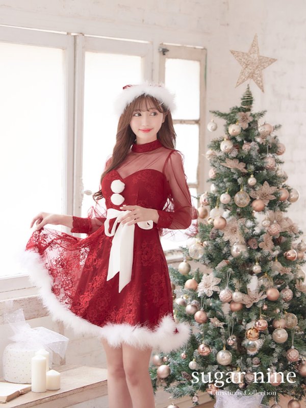 画像4: 【即日発送！】総レースチュールロングスリーブハイネックサンタ【sugar nine サンタコス 4点セット】【XS-XLサイズ/1カラー】[YMT] (4)