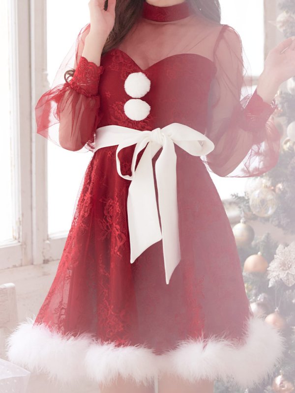 画像5: 【即日発送！】総レースチュールロングスリーブハイネックサンタ【sugar nine サンタコス 4点セット】【XS-XLサイズ/1カラー】[YMT] (5)