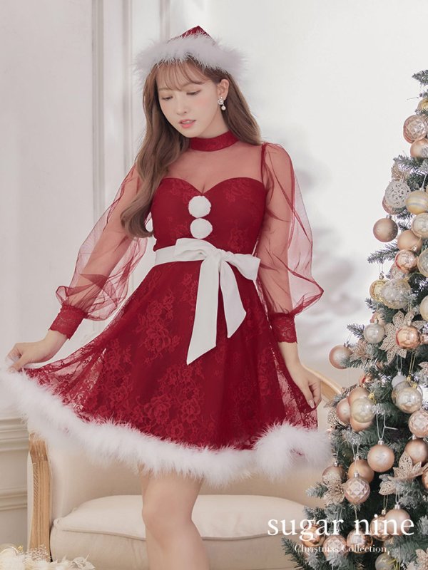画像2: 【即日発送！】総レースチュールロングスリーブハイネックサンタ【sugar nine サンタコス 4点セット】【XS-XLサイズ/1カラー】[YMT] (2)
