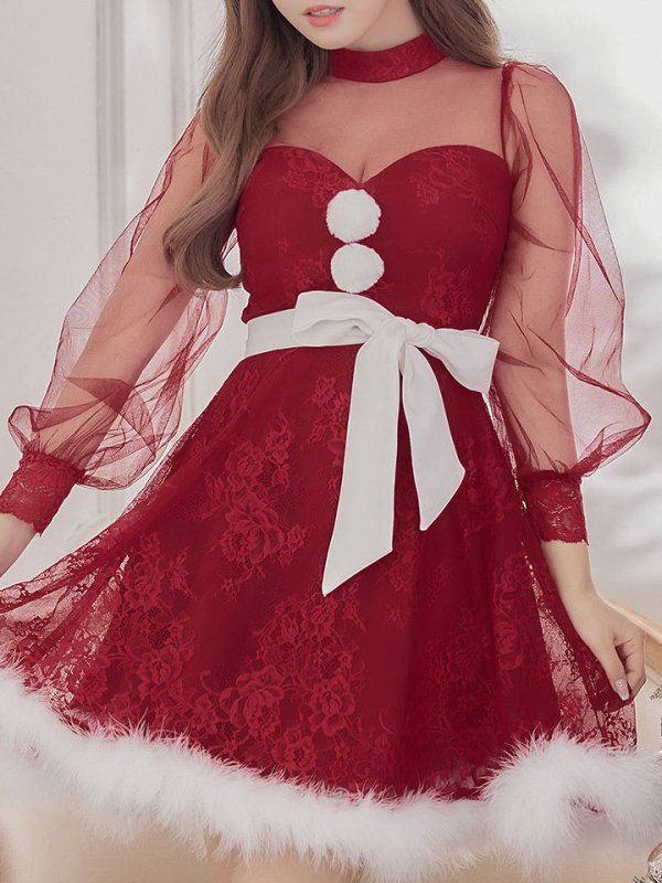 画像4: 【即日発送！】総レースチュールロングスリーブハイネックサンタ【sugar nine サンタコス 4点セット】【XS-XLサイズ/1カラー】[YMT] (4)