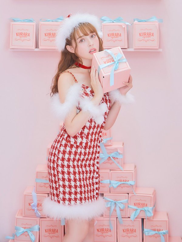 画像14: SALE!【サンタコス5点セット】【S-XLサイズ/1カラー】千鳥柄ツイードキャミドレスサンタコスプレ[OF04] (14)