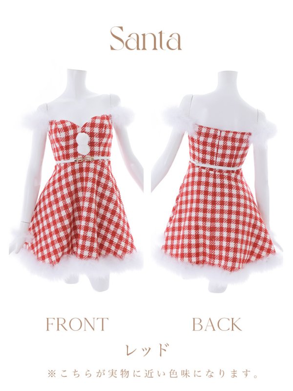 画像21: SALE!【サンタコス 5点セット】【XS-Lサイズ/1カラー】ギンガムチェック フレアワンピースサンタコスプレ[YMT] (21)