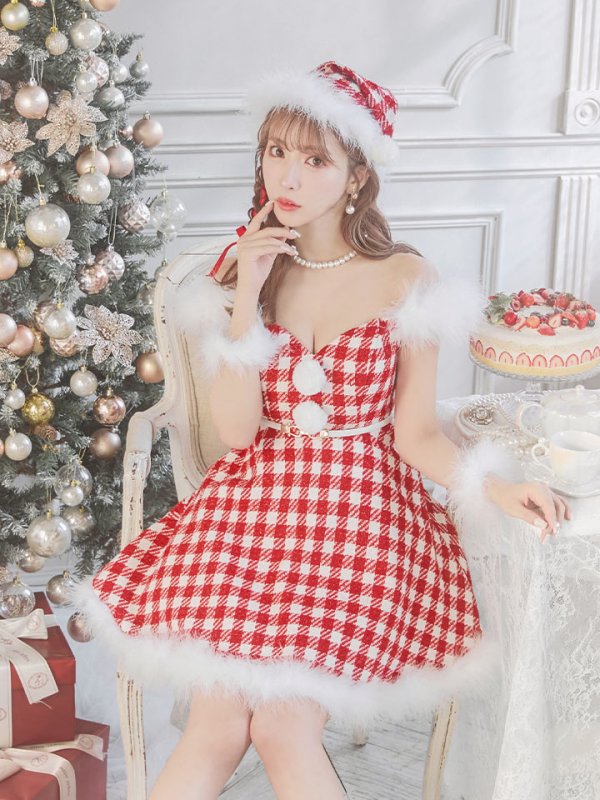 画像2: SALE!【サンタコス 5点セット】【XS-Lサイズ/1カラー】ギンガムチェック フレアワンピースサンタコスプレ[YMT] (2)