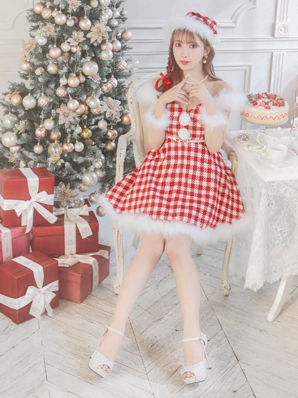 画像6: SALE!【サンタコス 5点セット】【XS-Lサイズ/1カラー】ギンガムチェック フレアワンピースサンタコスプレ[YMT] (6)