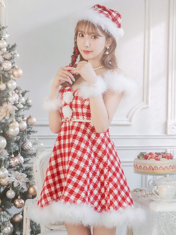 画像15: SALE!【サンタコス 5点セット】【XS-Lサイズ/1カラー】ギンガムチェック フレアワンピースサンタコスプレ[YMT] (15)