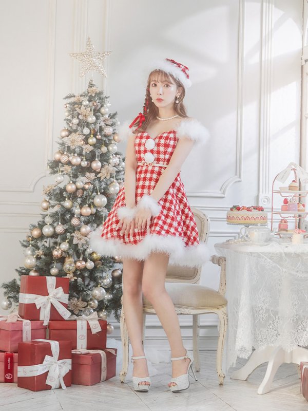 画像16: SALE!【サンタコス 5点セット】【XS-Lサイズ/1カラー】ギンガムチェック フレアワンピースサンタコスプレ[YMT] (16)