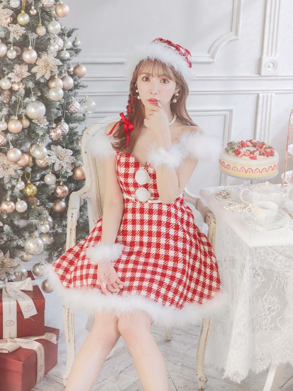 画像9: SALE!【サンタコス 5点セット】【XS-Lサイズ/1カラー】ギンガムチェック フレアワンピースサンタコスプレ[YMT] (9)