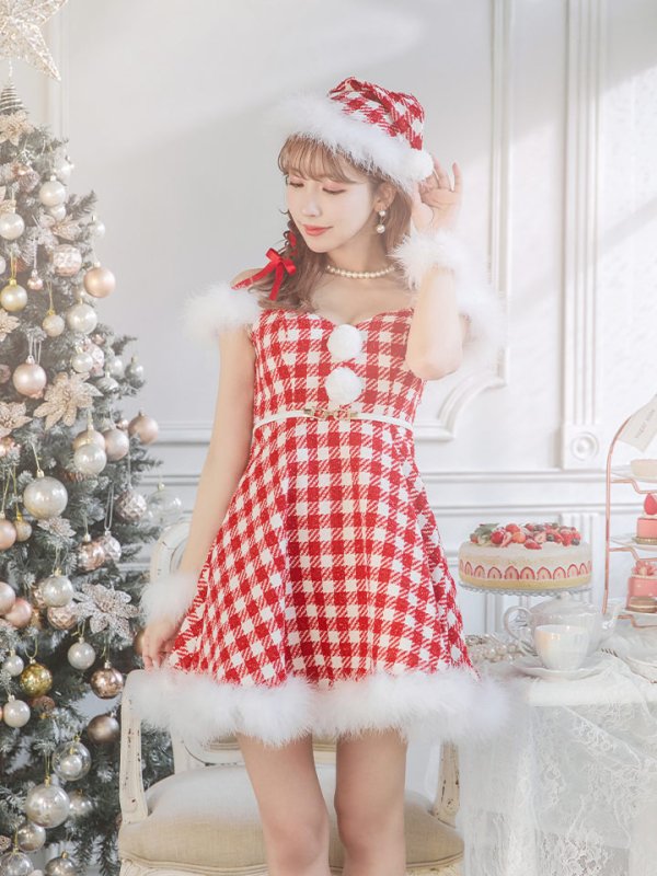 画像11: SALE!【サンタコス 5点セット】【XS-Lサイズ/1カラー】ギンガムチェック フレアワンピースサンタコスプレ[YMT] (11)