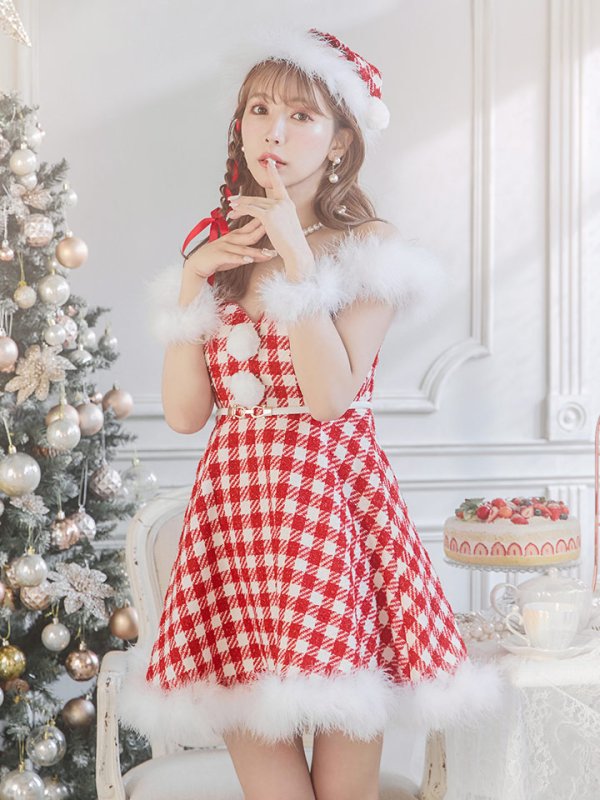 画像14: SALE!【サンタコス 5点セット】【XS-Lサイズ/1カラー】ギンガムチェック フレアワンピースサンタコスプレ[YMT] (14)