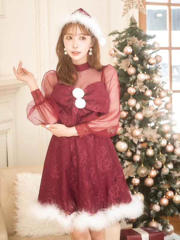 画像7: SALE!【サンタコス 3点セット】【S-XLサイズ/1カラー】チュールスリーブレースリボンサンタコスプレ[YMT] (7)