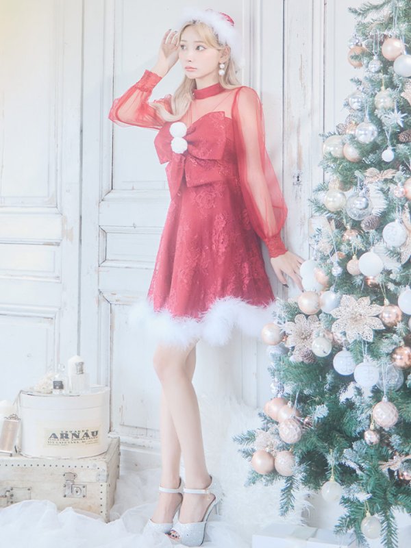 画像21: SALE!【サンタコス 3点セット】【S-XLサイズ/1カラー】チュールスリーブレースリボンサンタコスプレ[YMT] (21)