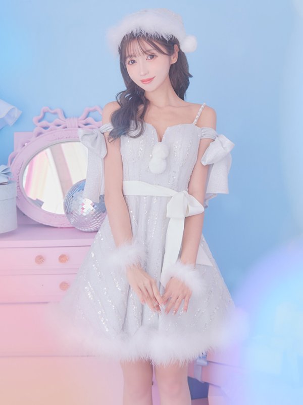 画像2: 【ノベルティ対象】SALE!【サンタコス 5点セット】【S-Lサイズ/1カラー】スパンコールフレアサンタコスプレ[YMT] (2)