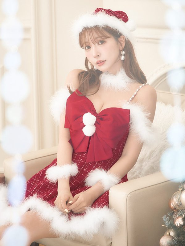 画像16: 【ノベルティ対象】【即日発送！】【サンタコス 5点セット】【S-XLサイズ/1カラー】リボンキャミソールフレアツイードサンタコスプレ[YMT] (16)