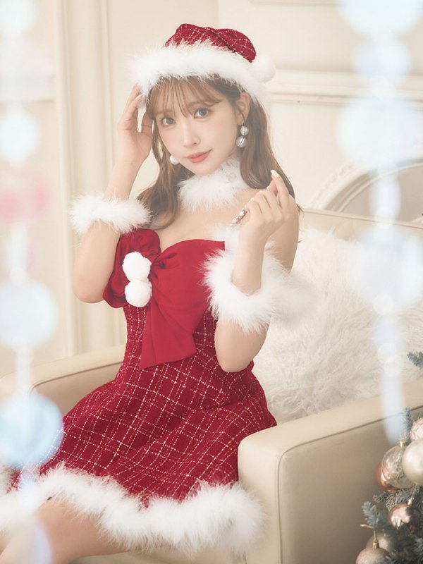 画像10: 【即日発送！】【サンタコス 5点セット】【S-XLサイズ/1カラー】リボンキャミソールフレアツイードサンタコスプレ[OF04] (10)