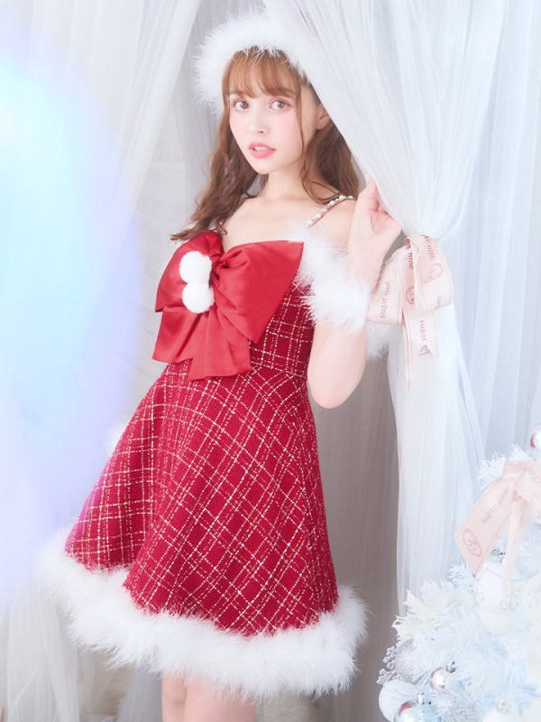 画像2: 【即日発送！】【サンタコス 5点セット】【S-XLサイズ/1カラー】リボンキャミソールフレアツイードサンタコスプレ[OF04] (2)