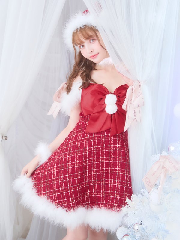 画像36: 【ノベルティ対象】【即日発送！】【サンタコス 5点セット】【S-XLサイズ/1カラー】リボンキャミソールフレアツイードサンタコスプレ[YMT] (36)