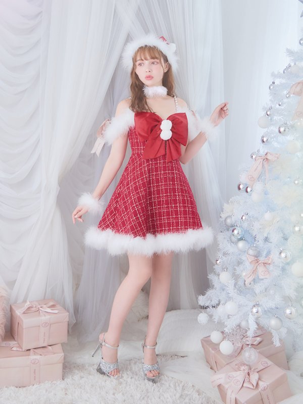 画像37: 【ノベルティ対象】【即日発送！】【サンタコス 5点セット】【S-XLサイズ/1カラー】リボンキャミソールフレアツイードサンタコスプレ[YMT] (37)