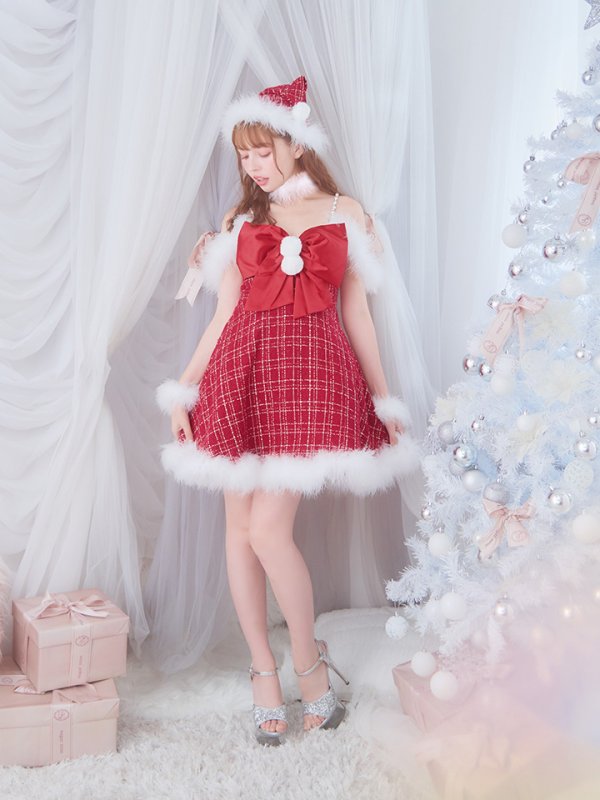画像5: 【即日発送！】【サンタコス 5点セット】【S-XLサイズ/1カラー】リボンキャミソールフレアツイードサンタコスプレ[OF04] (5)