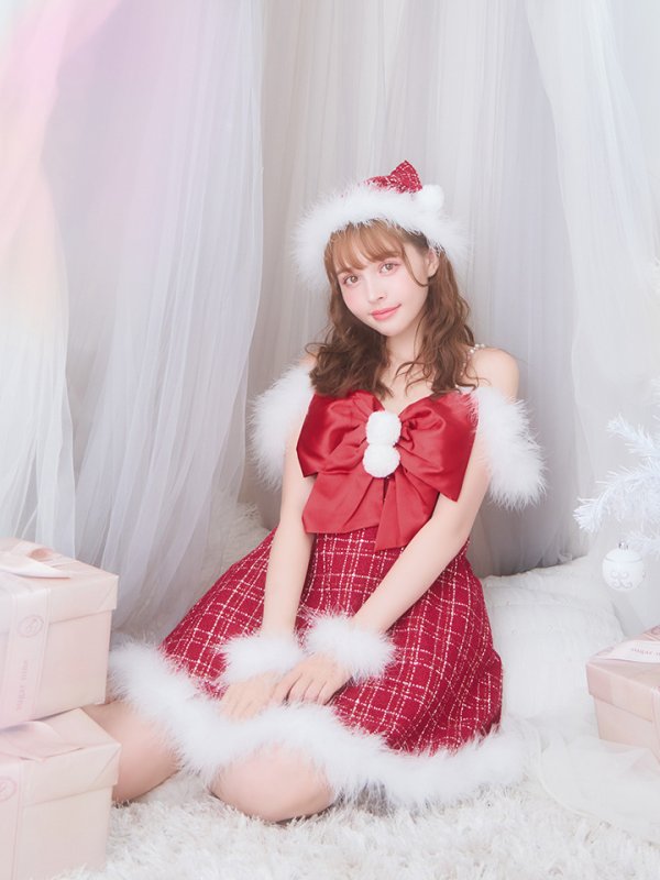 画像9: 【即日発送！】【サンタコス 5点セット】【S-XLサイズ/1カラー】リボンキャミソールフレアツイードサンタコスプレ[OF04] (9)